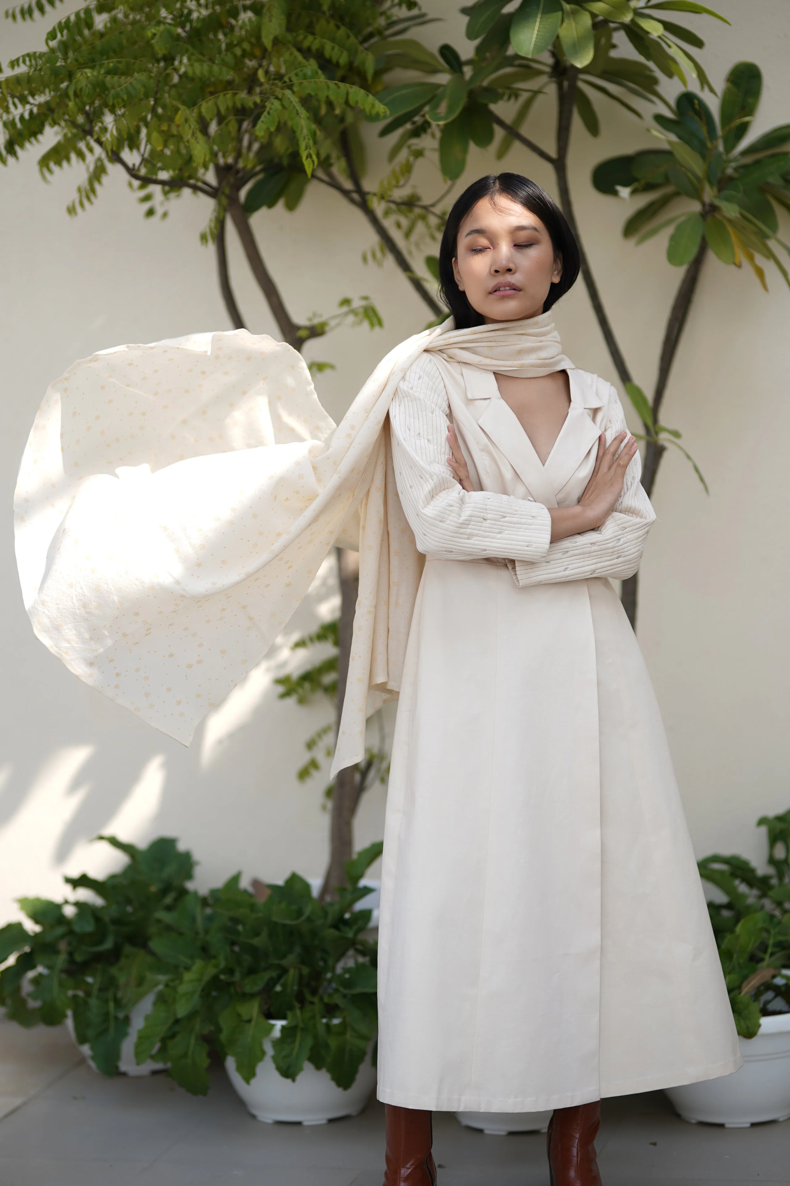 Printed ivory shawl campaign designed and creatively directed by Devyani Singh